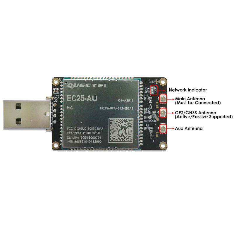 4G LTE USB Dongle with Quectel EC25 Series LCC Modem, SIM Slot, GPS, USB-A or 4PIN PH2.0 for IoT and M2M Applications