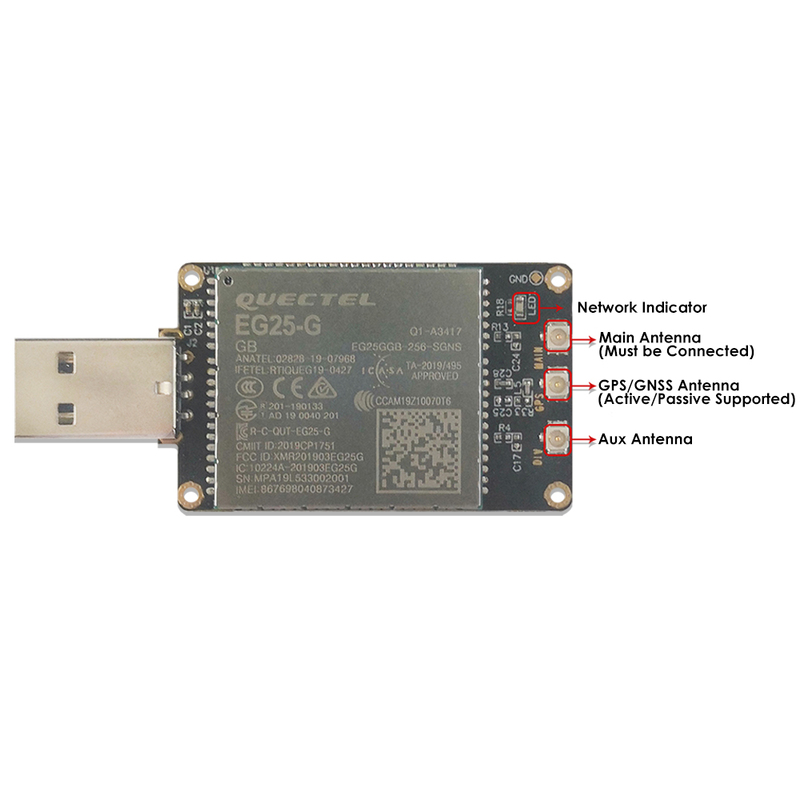 4G LTE USB Dongle with Quectel EG25-G LCC Modem, SIM Slot, GPS, USB-A or 4PIN PH2.0 for Global LTE Networks