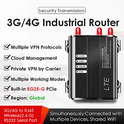 4G LTE Industrial Router with SIM Slot, Quectel EG25-G Mini PCIe (Global), 2.4GHz WiFi 300Mbps, DC 7–35V, Supports VPN, VPDN, PPTP, L2TP 4G LTE Industrial Router with SIM Slot, Quectel EG25-G Mini PCIe (Global), 2.4GHz WiFi 300Mbps, DC 7–35V, Supports VPN, VPDN, PPTP, L2TP