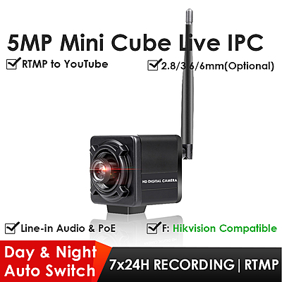 5MP WiFi Mini Cube IP Camera with Line-in Audio, Wireless RTMP Streaming, ONVIF, H.265, Ideal for YouTube, Facebook, Twitch, UFO Catcher, Sparkle Drop