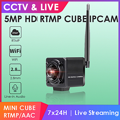 5MP WiFi Mini Cube IP Camera with Line-in Audio, Wireless RTMP Streaming, ONVIF, H.265, Ideal for YouTube, Facebook, Twitch, UFO Catcher, Sparkle Drop
