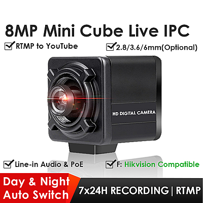 4K 8MP PoE Mini Cube IP Camera, Starlight Night Vision, Low Distortion, Live Streaming for UFO Catcher/Sparkle Drop via RTMP to YouTube/Facebook 4K 8MP PoE Mini Cube IP Camera, Starlight Night Vision, Low Distortion, Live Streaming for UFO Catcher/Sparkle Drop via RTMP to YouTube/Facebook