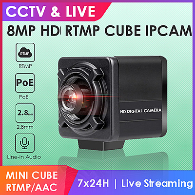 4K 8MP PoE Mini Cube IP Camera, Starlight Night Vision, Low Distortion, Live Streaming for UFO Catcher/Sparkle Drop via RTMP to YouTube/Facebook 4K 8MP PoE Mini Cube IP Camera, Starlight Night Vision, Low Distortion, Live Streaming for UFO Catcher/Sparkle Drop via RTMP to YouTube/Facebook