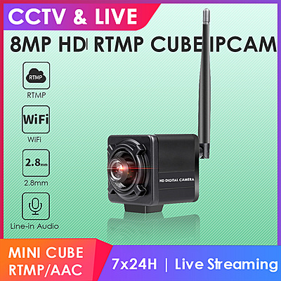 4K 8MP WiFi Mini Cube IP Camera, Starlight Imaging, Wireless Live Streaming for UFO Catcher/Sparkle Drop, RTMP to YouTube, Facebook, Twitch 4K 8MP WiFi Mini Cube IP Camera, Starlight Imaging, Wireless Live Streaming for UFO Catcher/Sparkle Drop, RTMP to YouTube, Facebook, Twitch