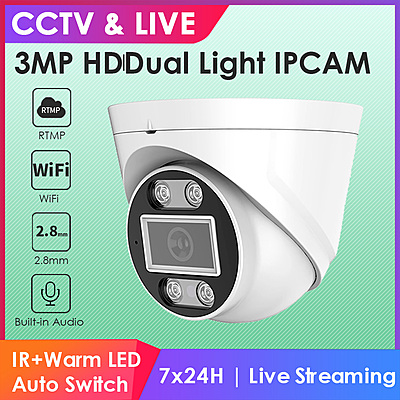 3MP WiFi Dual Light Dome Live Streaming IP Camera, H.265, 2.8mm Lens, RTMP to YouTube & Facebook, Indoor/Outdoor, Compatible with ONVIF/HK 3MP WiFi Dual Light Dome Live Streaming IP Camera, H.265, 2.8mm Lens, RTMP to YouTube & Facebook, Indoor/Outdoor, Compatible with ONVIF/HK