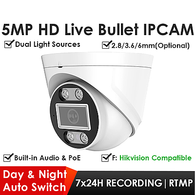 5MP WiFi Dome IP Camera, UltraHD Dual Light Wireless Security Camera with Audio, Hikvision Compatible, RTMP Livestream to YouTube/Facebook 5MP WiFi Dome IP Camera, UltraHD Dual Light Wireless Security Camera with Audio, Hikvision Compatible, RTMP Livestream to YouTube/Facebook