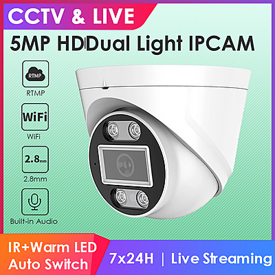 5MP WiFi Dome IP Camera, UltraHD Dual Light Wireless Security Camera with Audio, Hikvision Compatible, RTMP Livestream to YouTube/Facebook 5MP WiFi Dome IP Camera, UltraHD Dual Light Wireless Security Camera with Audio, Hikvision Compatible, RTMP Livestream to YouTube/Facebook