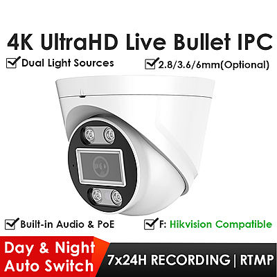 4K 8MP Wireless Dome IP Camera with Smart IR, 2.8mm Lens, RTMP Streaming, Audio, IP66, Hikvision Compatible, for Indoor/Outdoor Surveillance & Live Broadcast 4K 8MP Wireless Dome IP Camera with Smart IR, 2.8mm Lens, RTMP Streaming, Audio, IP66, Hikvision Compatible, for Indoor/Outdoor Surveillance & Live Broadcast