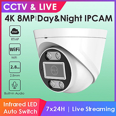 4K 8MP Wireless Dome IP Camera with Smart IR, 2.8mm Lens, RTMP Streaming, Audio, IP66, Hikvision Compatible, for Indoor/Outdoor Surveillance & Live Broadcast 4K 8MP Wireless Dome IP Camera with Smart IR, 2.8mm Lens, RTMP Streaming, Audio, IP66, Hikvision Compatible, for Indoor/Outdoor Surveillance & Live Broadcast