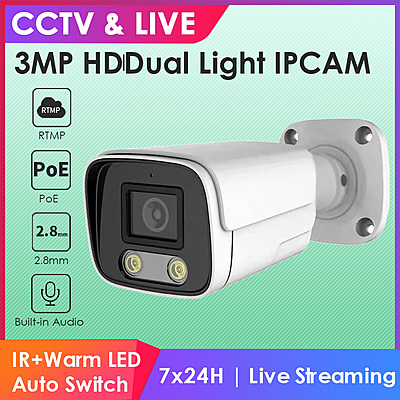 3MP PoE Bullet Camera with Dual Light, Built-in Audio, H.265, RTMP Streaming to YouTube & Facebook, Hikvision Compatible, IP66 Weatherproof Surveillance 3MP PoE Bullet Camera with Dual Light, Built-in Audio, H.265, RTMP Streaming to YouTube & Facebook, Hikvision Compatible, IP66 Weatherproof Surveillance