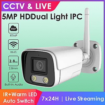 5MP Wireless Bullet IP Camera with Dual Light, Audio, 2.8mm Lens, RTMP Streaming to YouTube, Facebook, Hikvision Compatible, Outdoor WiFi Security Cam 5MP Wireless Bullet IP Camera with Dual Light, Audio, 2.8mm Lens, RTMP Streaming to YouTube, Facebook, Hikvision Compatible, Outdoor WiFi Security Cam
