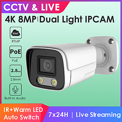 4K 8MP PoE Bullet IP Camera – Dual Light or Smart IR, Built-in Audio, RTMP to YouTube/Facebook, 2.8mm Lens, Hikvision-Compatible, Compact Outdoor Security Camera 4K 8MP PoE Bullet IP Camera – Dual Light or Smart IR, Built-in Audio, RTMP to YouTube/Facebook, 2.8mm Lens, Hikvision-Compatible, Compact Outdoor Security Camera