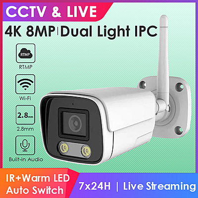 4K 8MP Wireless Bullet IP Camera – Dual Light or Smart IR, Built-In Audio, RTMP to YouTube/Facebook, 2.8mm Lens, Hikvision-Compatible, Outdoor Security Streaming Cam 4K 8MP Wireless Bullet IP Camera – Dual Light or Smart IR, Built-In Audio, RTMP to YouTube/Facebook, 2.8mm Lens, Hikvision-Compatible, Outdoor Security Streaming Cam