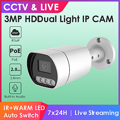 3MP PoE Dual Light Bullet IP Camera with Audio, RTMP/RTSP Streaming, H.265, Hikvision Compatible, 2.8mm Lens, IP66 for YouTube, Facebook, Indoor & Outdoor Use 3MP PoE Dual Light Bullet IP Camera with Audio, RTMP/RTSP Streaming, H.265, Hikvision Compatible, 2.8mm Lens, IP66 for YouTube, Facebook, Indoor & Outdoor Use