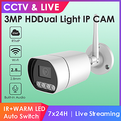 3MP Wireless Bullet IP Camera with Dual Light, H.265, Built-in Audio, RTMP Streaming to YouTube, Facebook, Hikvision Compatible, IP66 Outdoor Surveillance 3MP Wireless Bullet IP Camera with Dual Light, H.265, Built-in Audio, RTMP Streaming to YouTube, Facebook, Hikvision Compatible, IP66 Outdoor Surveillance