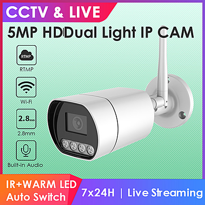 5MP WiFi Bullet IP Camera, Wireless Dual Light Security Cam with Audio, 2.8mm Lens, ONVIF, RTMP Live Streaming to YouTube Facebook, Hikvision-Compatible 5MP WiFi Bullet IP Camera, Wireless Dual Light Security Cam with Audio, 2.8mm Lens, ONVIF, RTMP Live Streaming to YouTube Facebook, Hikvision-Compatible