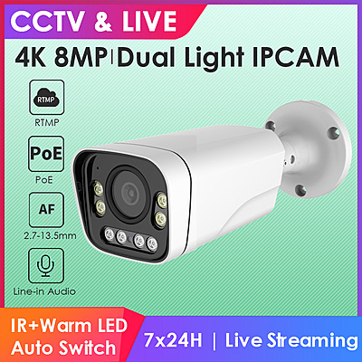4K Optical Zoom IP Camera – 5X Varifocal 8MP Outdoor POE Bullet Cam, Dual Light, Human Detection, RTMP to YouTube/Facebook, IP66, 2.7–13.5mm Lens 4K Optical Zoom IP Camera – 5X Varifocal 8MP Outdoor POE Bullet Cam, Dual Light, Human Detection, RTMP to YouTube/Facebook, IP66, 2.7–13.5mm Lens