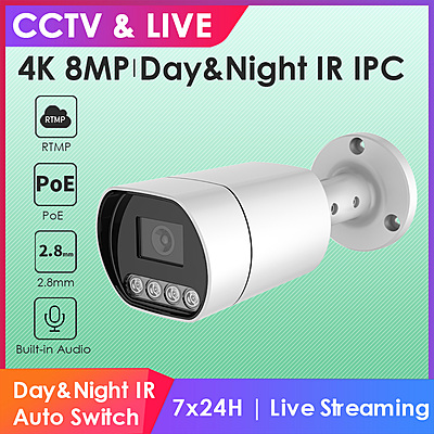 4K 8MP Smart IR PoE Bullet IP Camera – Ultra HD Live Streaming Cam, 2.8mm Fixed Lens, RTMP to YouTube/Facebook, Hikvision-Compatible, IP66, Built-in Audio 4K 8MP Smart IR PoE Bullet IP Camera – Ultra HD Live Streaming Cam, 2.8mm Fixed Lens, RTMP to YouTube/Facebook, Hikvision-Compatible, IP66, Built-in Audio