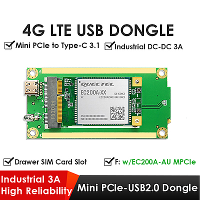4G LTE Dongle with Quectel EC200A Mini PCIe Module, Mini PCIe to USB Type-C Adapter, Drawer SIM Slot for IoT/M2M Connectivity 4G LTE Dongle with Quectel EC200A Mini PCIe Module, Mini PCIe to USB Type-C Adapter, Drawer SIM Slot for IoT/M2M Connectivity