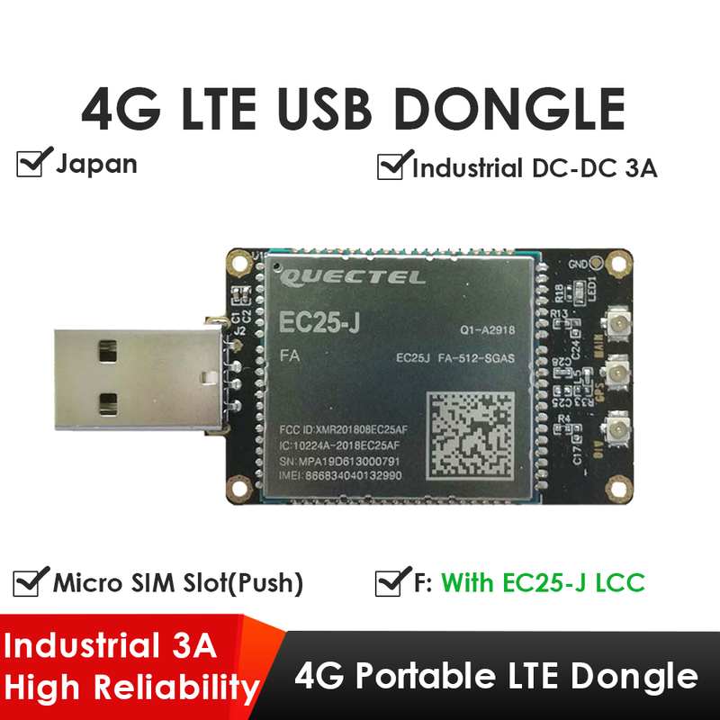 4G LTE USB Dongle with Quectel EC25 Series LCC Modem, SIM Slot, GPS, USB-A or 4PIN PH2.0 for IoT and M2M Applications