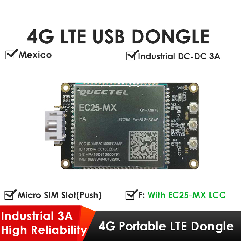 4G LTE USB Dongle with Quectel EC25 Series LCC Modem, SIM Slot, GPS, USB-A or 4PIN PH2.0 for IoT and M2M Applications